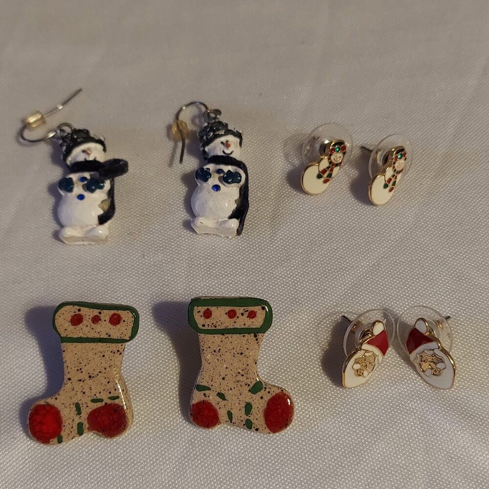 Christmas Holiday Earrings Lot Of 4 Santa Snowman Stocking Dangle Stud